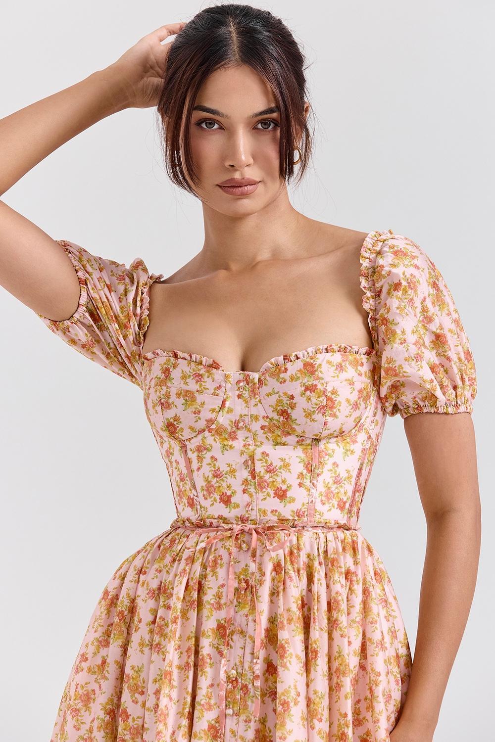 Penelope Peach Poppy Print Puff Sleeve Midi Sundress Product Image