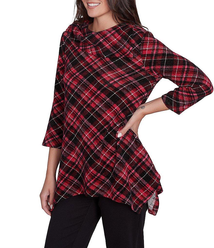 Ruby Rd. Knit Cozy Plaid Print Split Cowl Neck 3/4 Sleeve Shark-Bite Hem Top Product Image