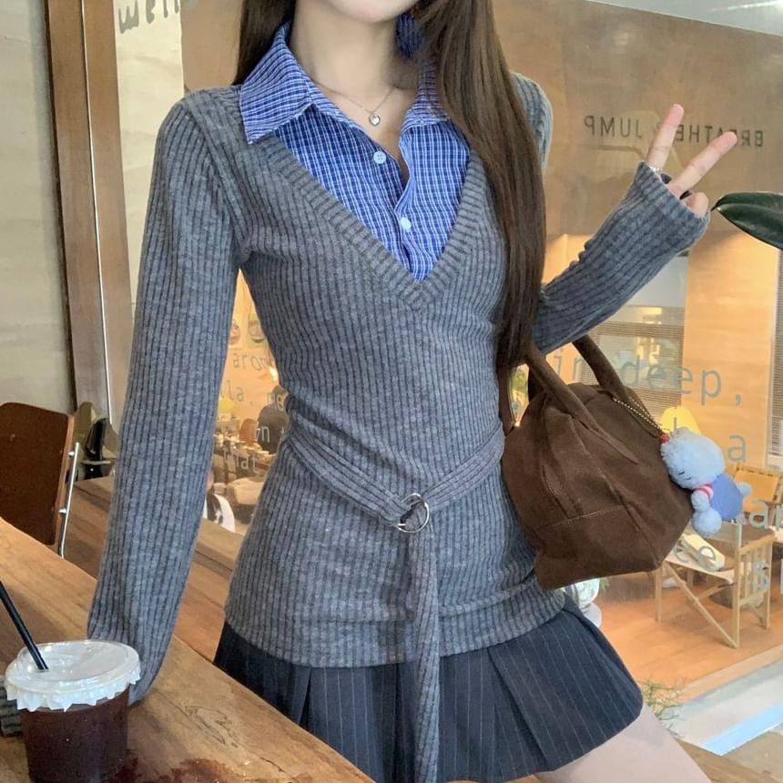 Long Sleeve Collared Plaid Mock Two Piece Ribbed Top Product Image