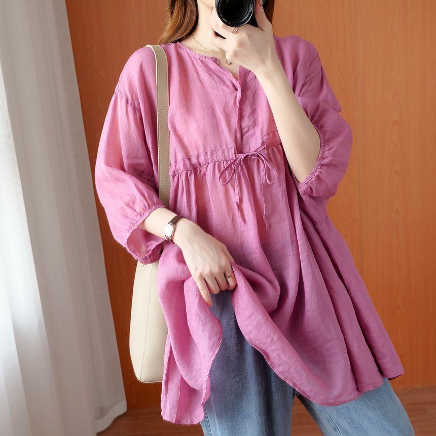 3/4-Sleeve Linen Blend Blouse Product Image