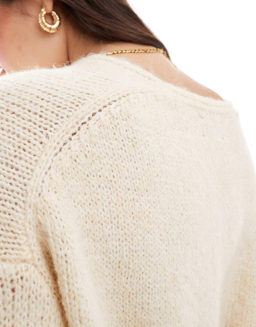 ASOS DESIGN loose knit v neck longline sweater in cream Product Image