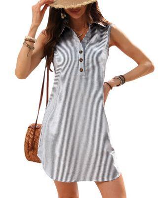 Women's Striped Collared Sleeveless Mini Beach Dress Product Image