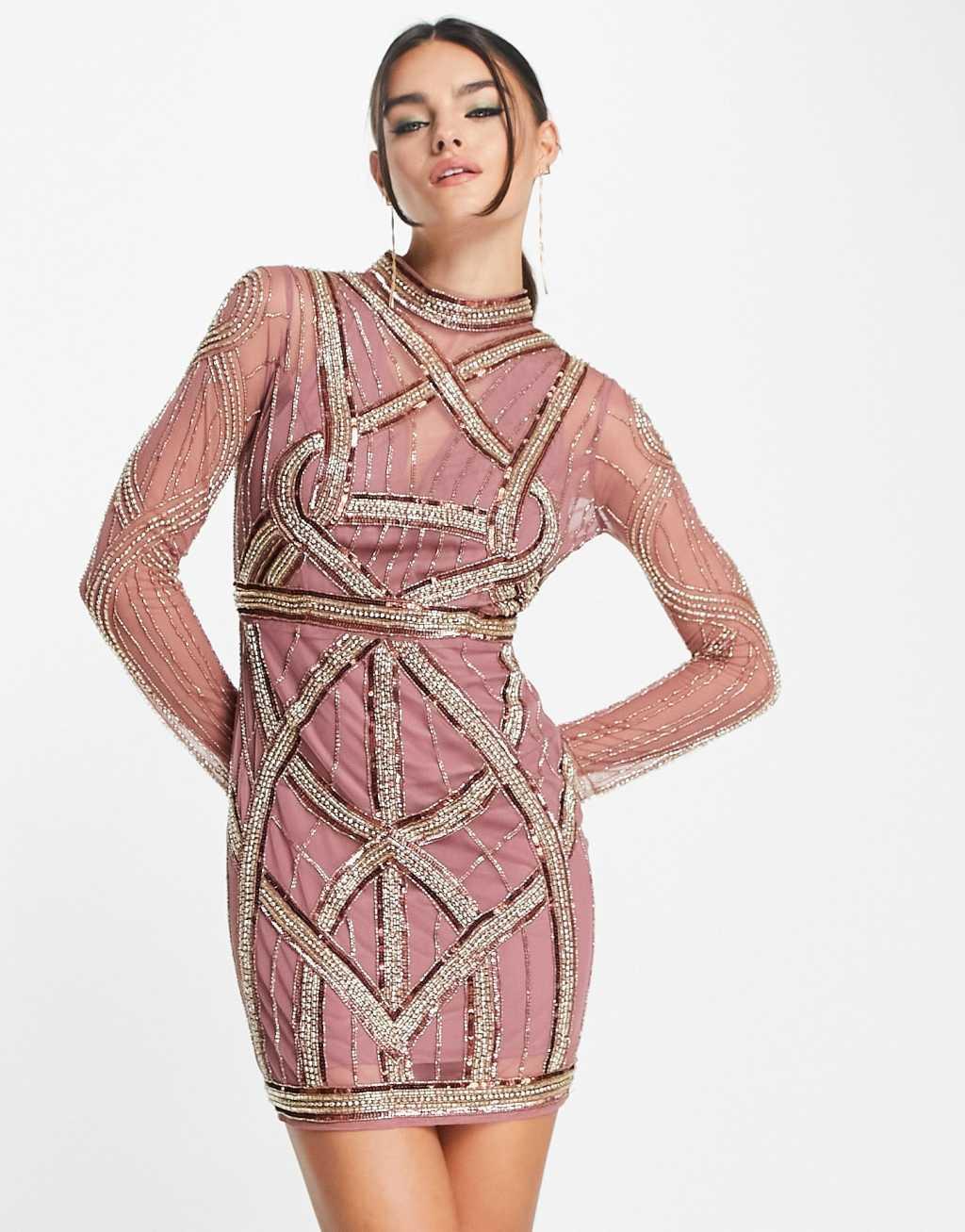 ASOS DESIGN ergonomic embellished mini dress in blush Product Image