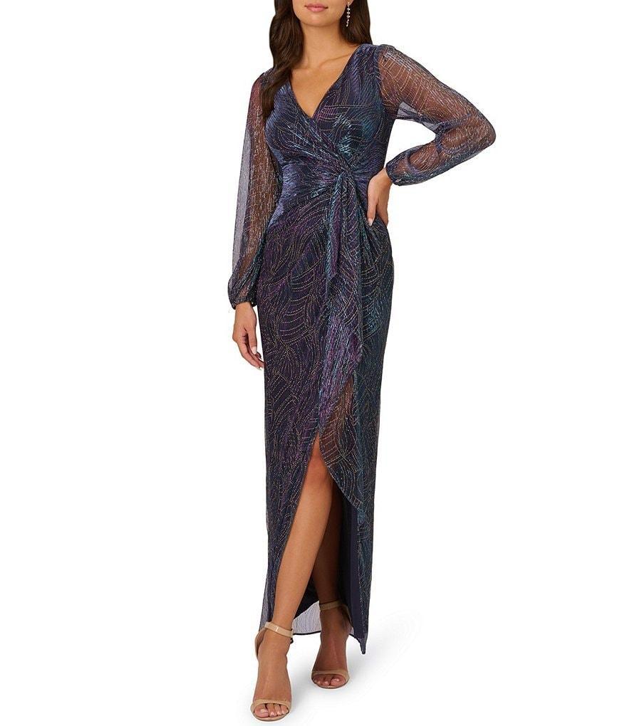 Adrianna Papell Mesh Metallic Sheath Surplice Neckline Long Mesh Sleeves Metallic Gown Product Image