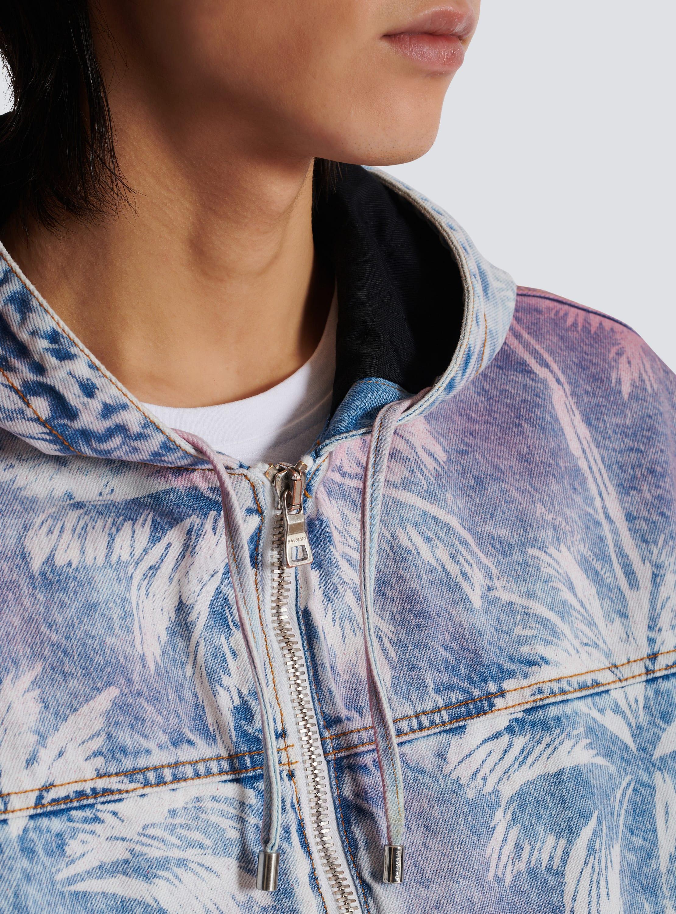 Denim hooded bomber jacket with palm tree print Product Image