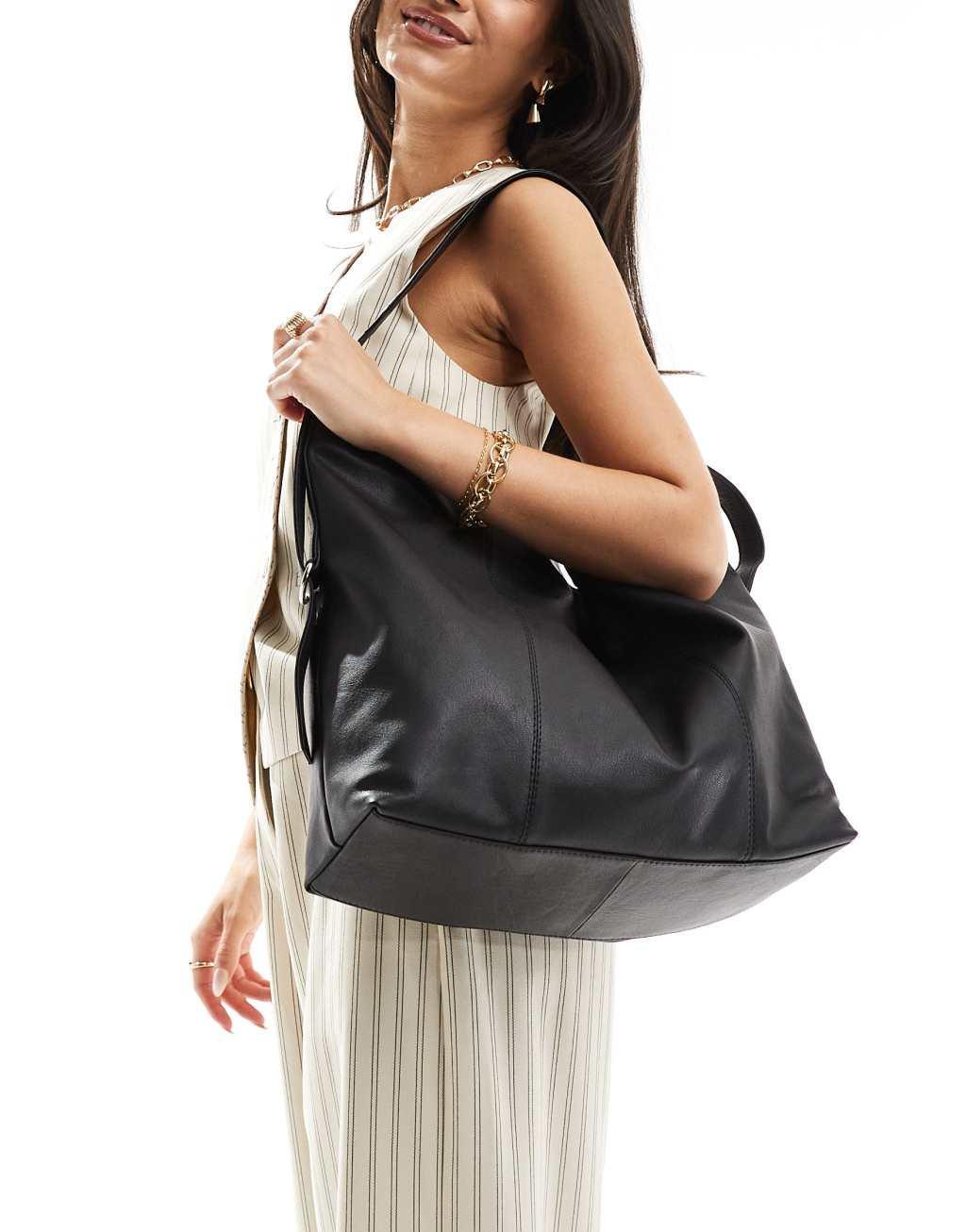 ASOS DESIGN leather buckle detail tote bag in black Product Image