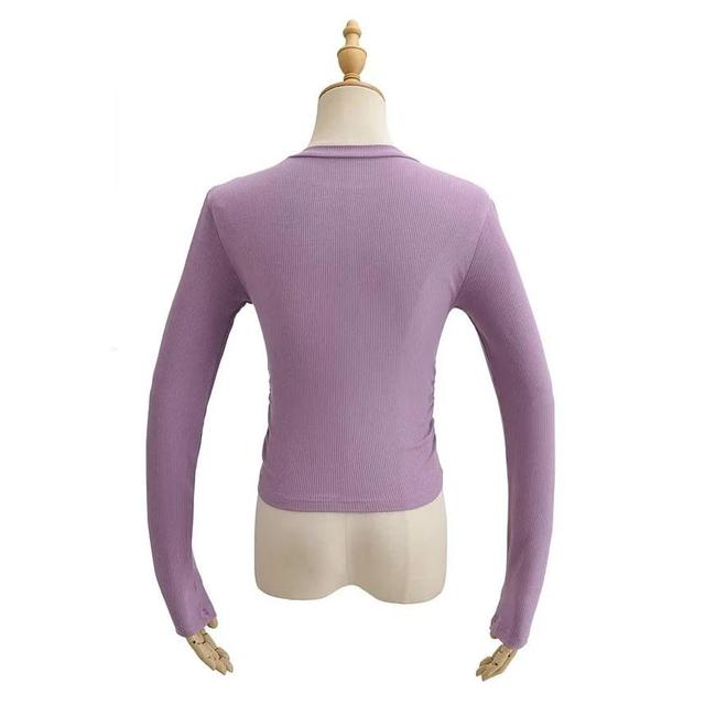 Long-Sleeve Crewneck Asymmetrical Plain Crop Top Product Image