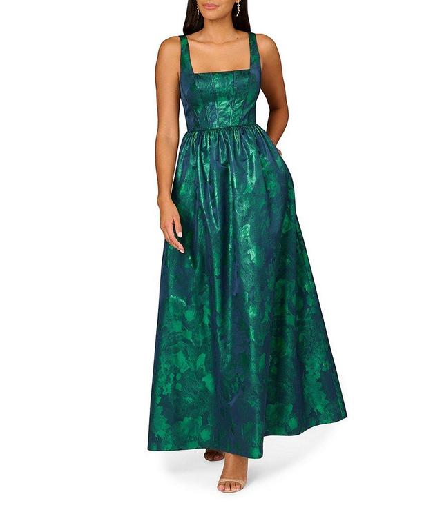 Aidan Mattox Floral Jacquard Square Neck Sleeveless Gathered Skirt Side Pocket Gown Product Image