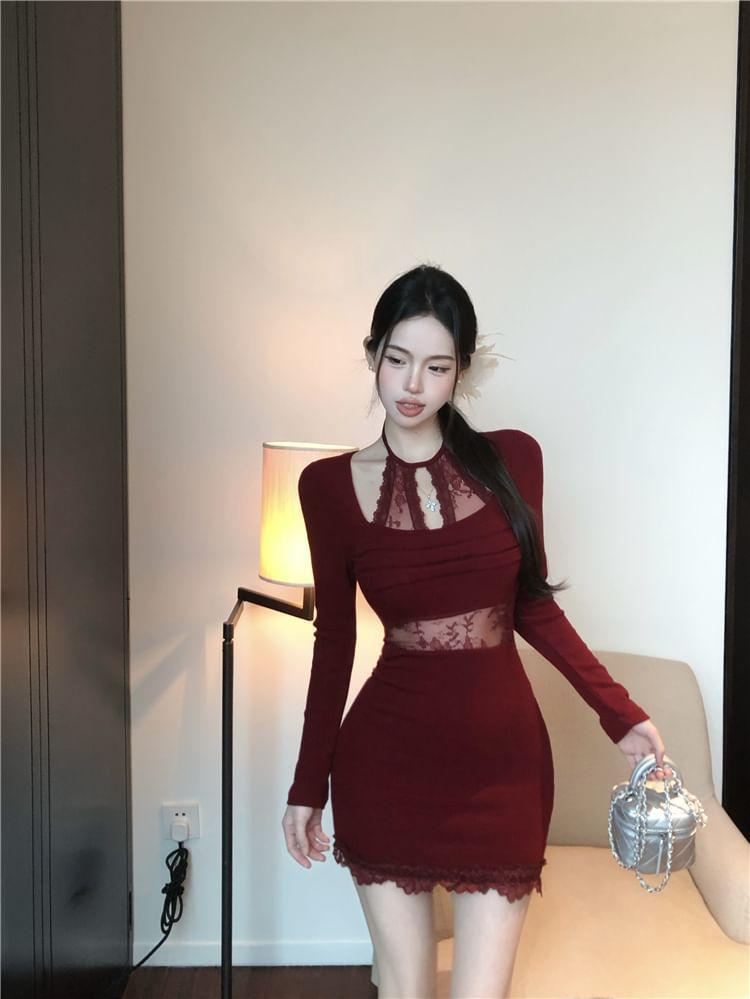 Long Sleeve Halter Plain Cutout Panel Lace Mini Sheath Dress Product Image