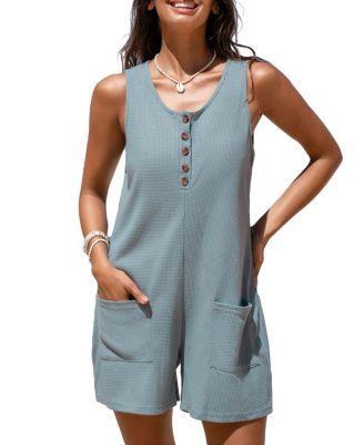 Cupshe Womens Waffle Knit Button Romper - Light Product Image