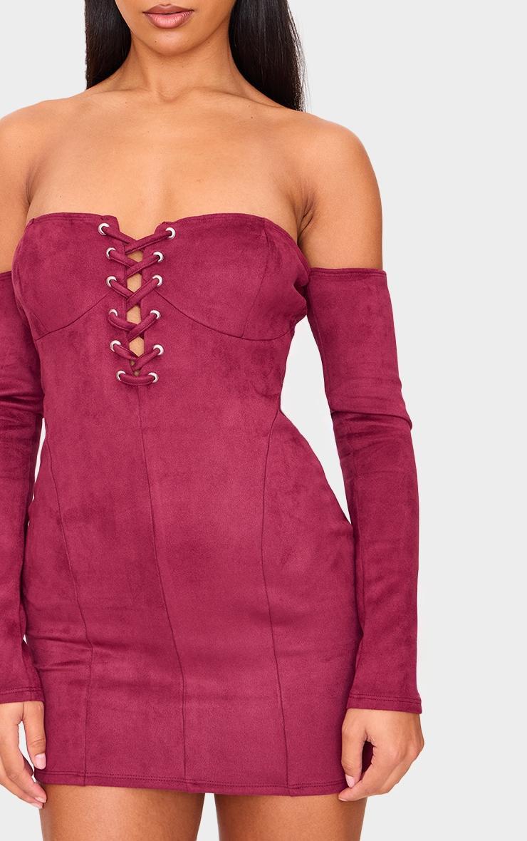 Burgundy Faux Suede Lace Up Detail Bardot Bodycon Dress Product Image