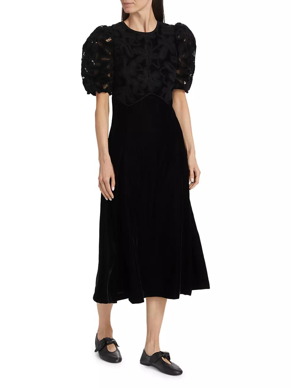 Alice Embroidered Velvet Puff-Sleeve Midi-Dress Product Image