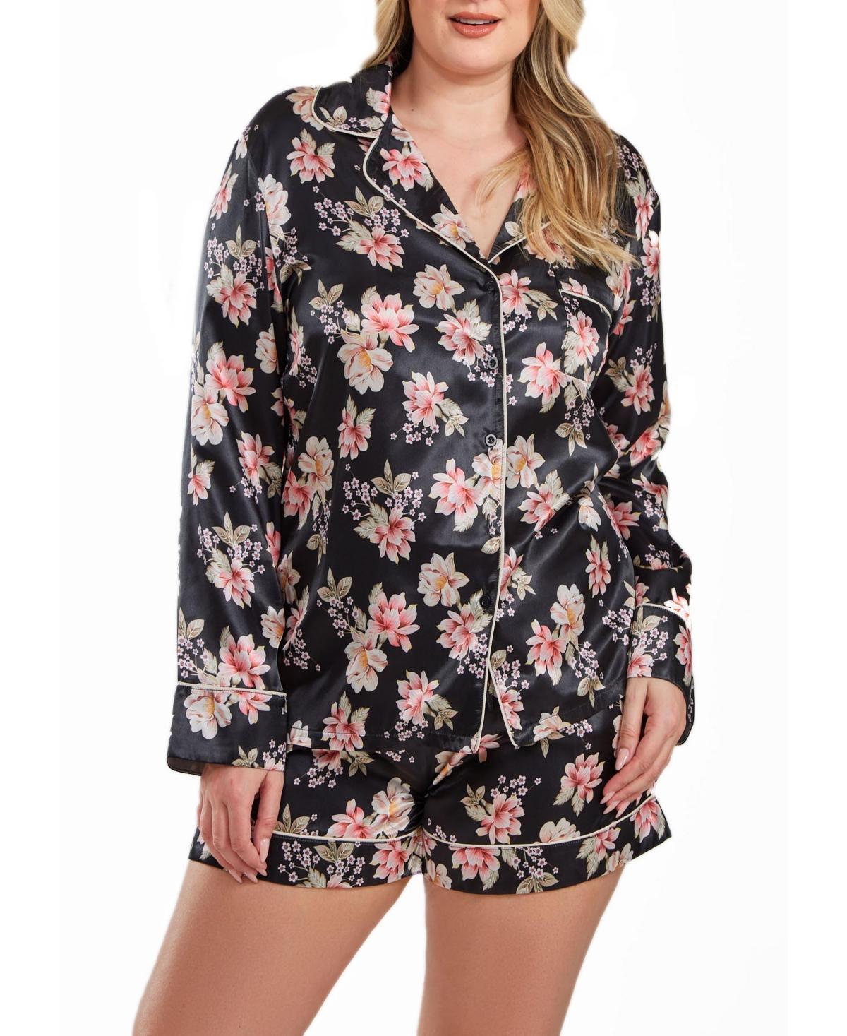 Icollection Women's Roslyn Plus Size Floral Satin Pj Short Set With Cuff Detail, 1X Product Image