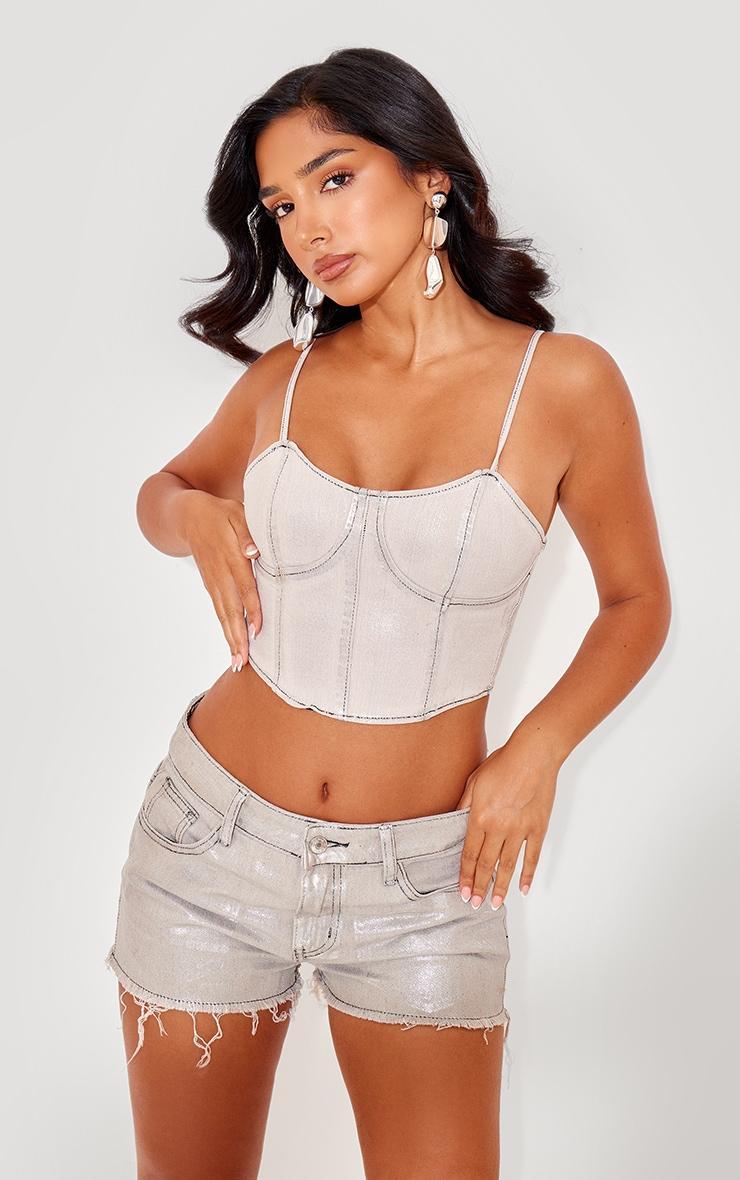 Petite Silver Metallic Denim Corset Top Product Image