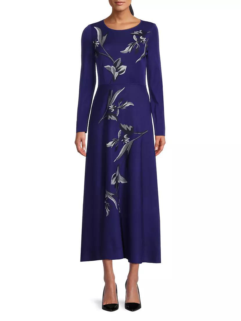 Floral Embroidered Long-Sleeve Midi-Dress Product Image