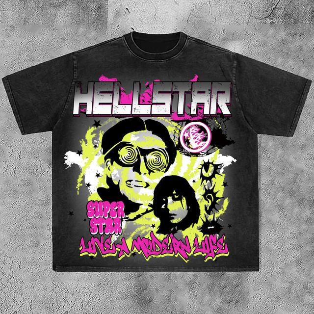 Casual Acid Washed Men's Hellstar Graphic Print T-Shirt Product Image