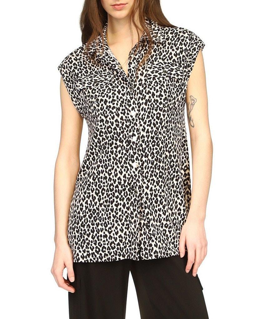 Michael Kors Cheetah Print Collared Neckline Cap Sleeve Top Product Image