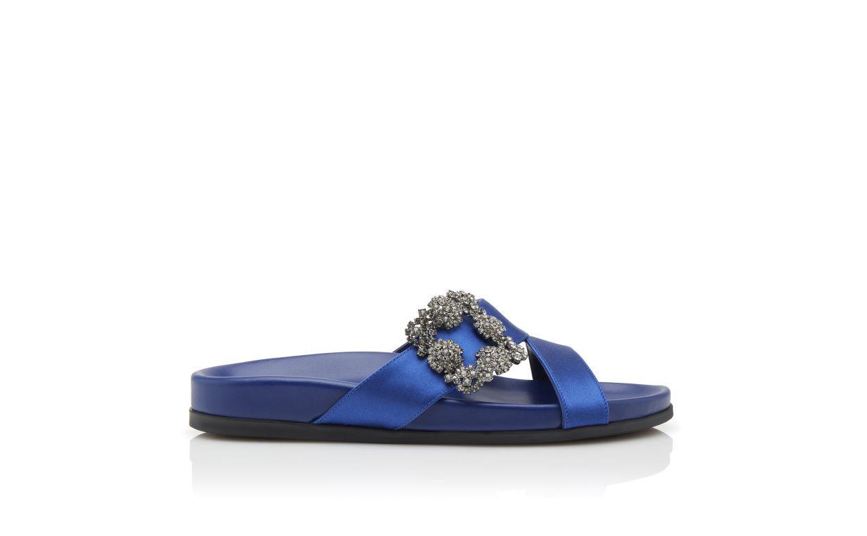 CHILANGHI Blue Satin Jewel Buckle Flat Mules Product Image