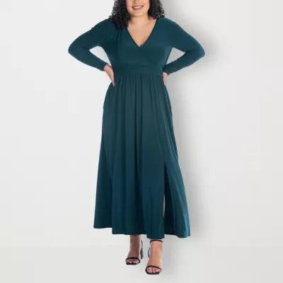 Plus Size 24Seven Comfort Apparel Long Sleeve Side Slit Maxi Dress, Womens Blue Product Image