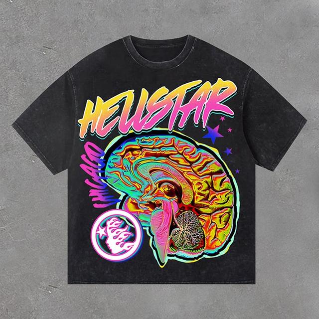 Retro Street Hellstar Fun Brain Graphic Print Acid Washed T-Shirt Product Image