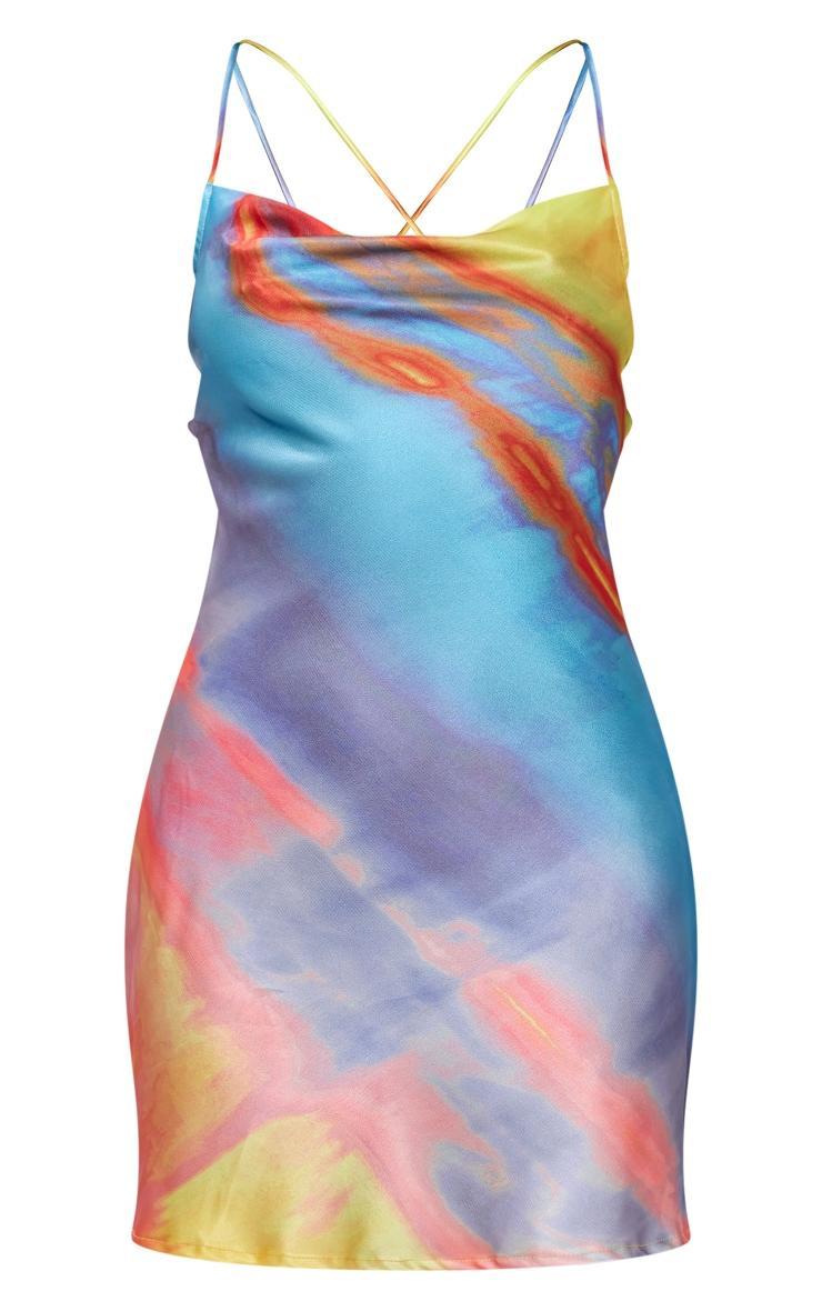 Multi Ombre Print Satin Cowl Tie Back Shift Dress Product Image