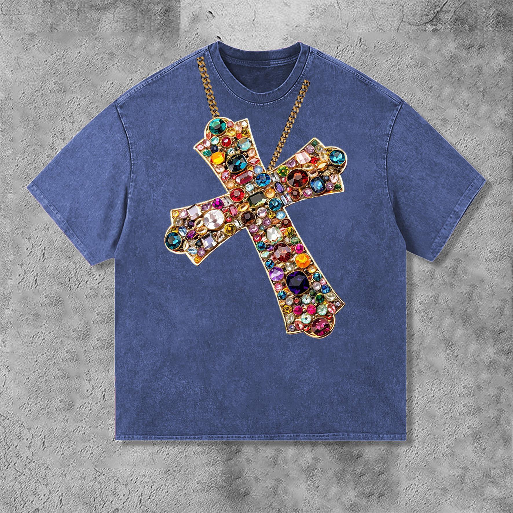 Diamond Cross Graphic Print Acid Washed T-Shirt Product Image