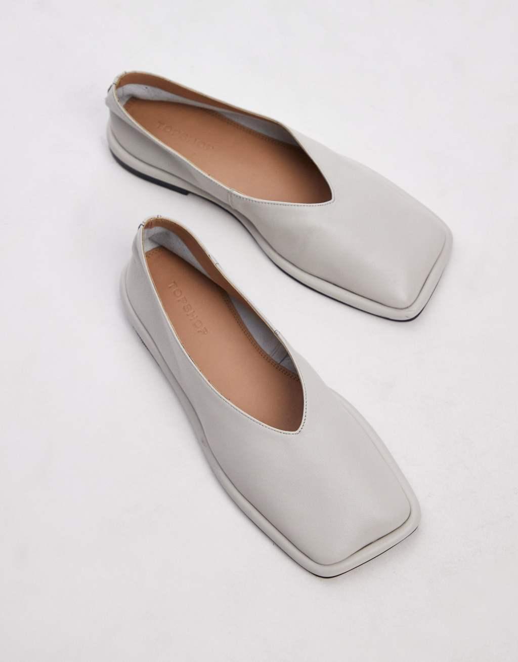 Topshop Charlotte leather square toe unlined flat shoes in off white Product Image