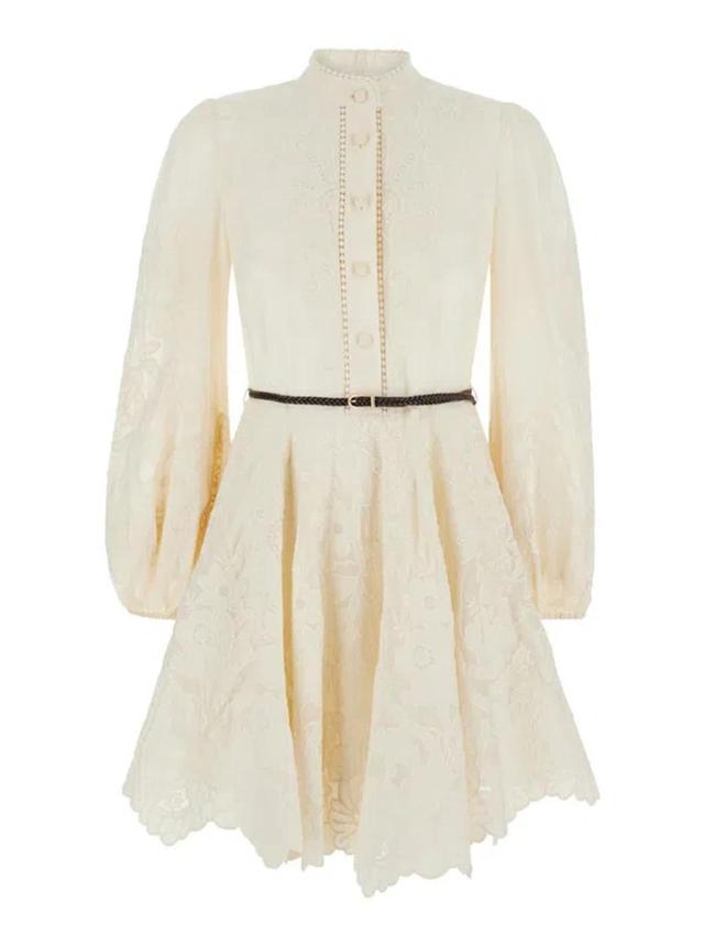 ZIMMERMANN Ottie Belted Braided Leather- And Ramie-trimmed Embroidered Linen Mini Dress In Brown Product Image