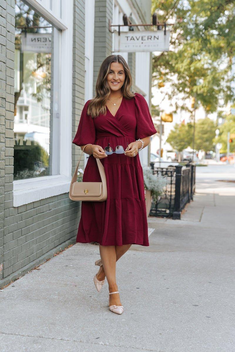 Wine Tiered Midi Wrap Dress Female Product Image