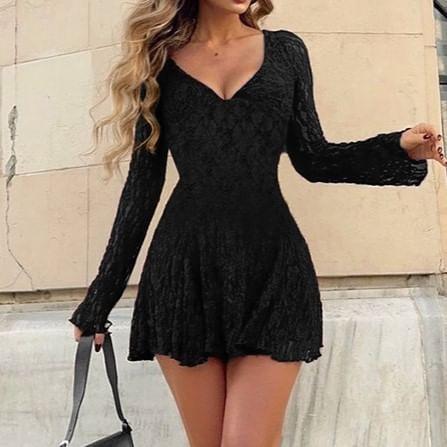 Long-Sleeve V-Neck Lace Mini A-Line Dress Product Image