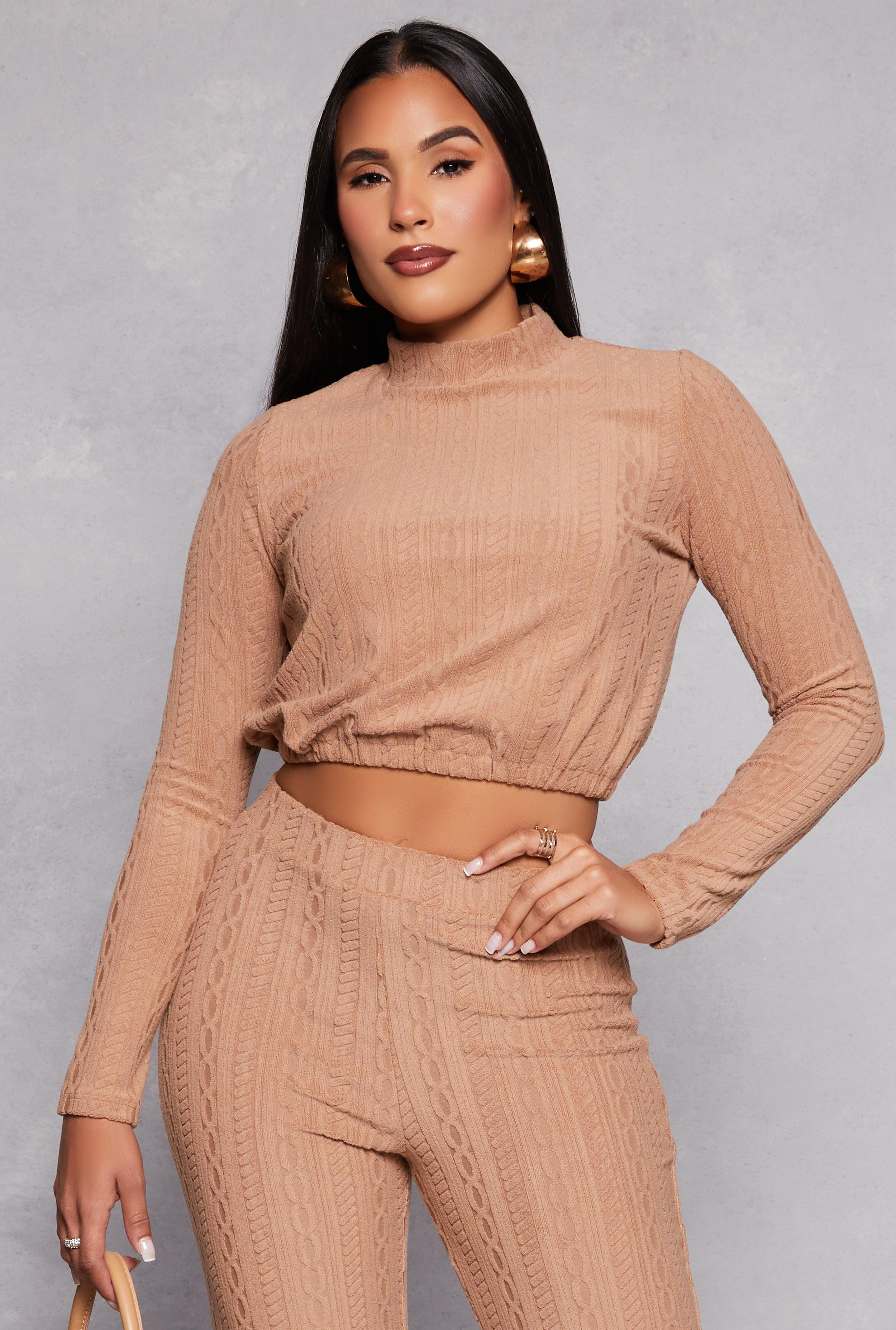 Womens Cable Knit Long Sleeve Crop Top Product Image