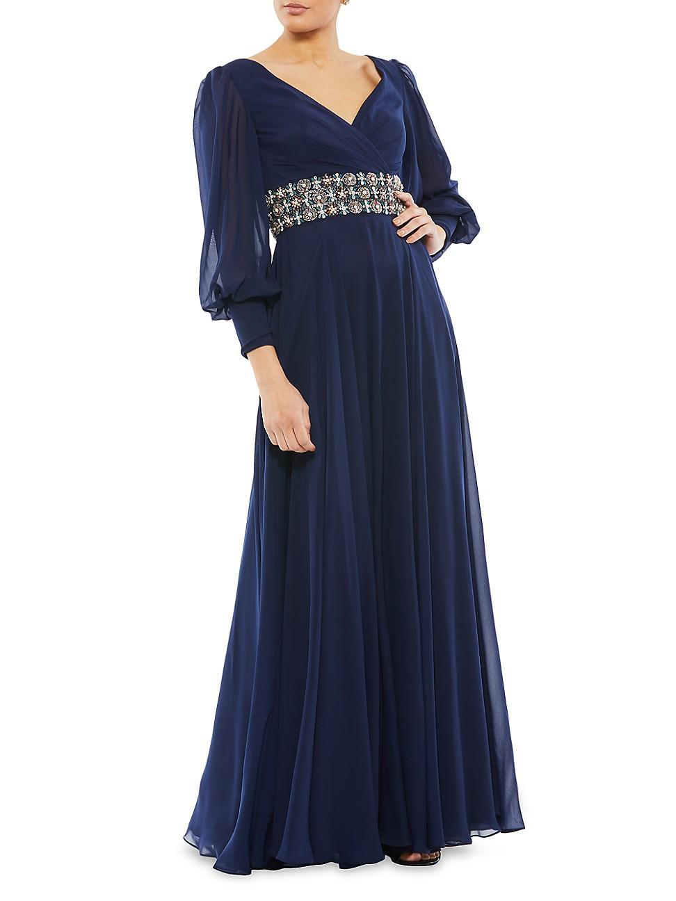 Womens Bishop-Sleeve Wrap Belted Flowy Gown Product Image