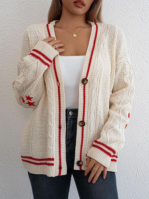 Long Sleeves Loose Buttoned Contrast Color Embroidered Split-Joint Collarless Cardigan Tops Product Image