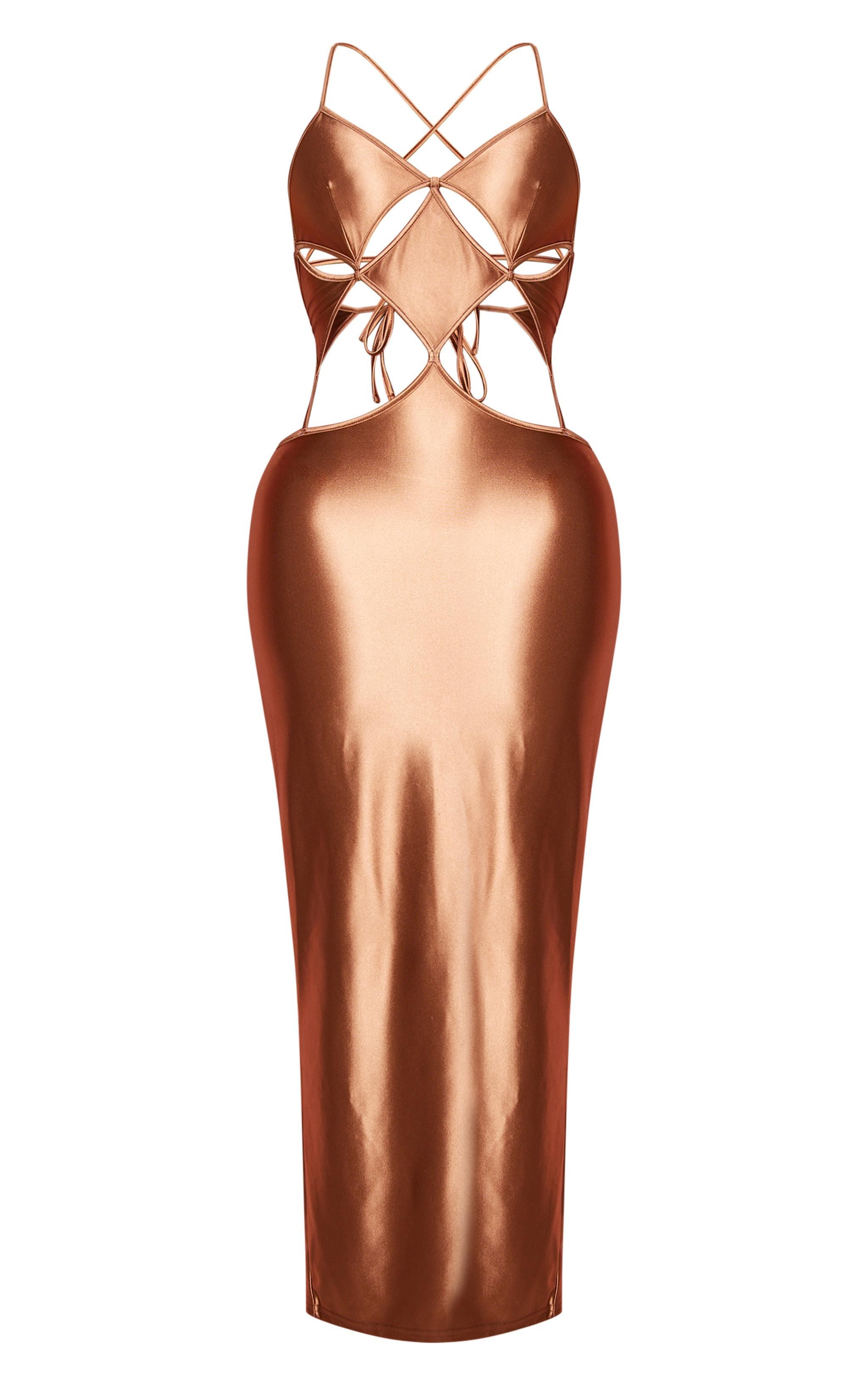 Shape Chocolate Stretch Satin Cut Out Detail Midaxi Dress Product Image