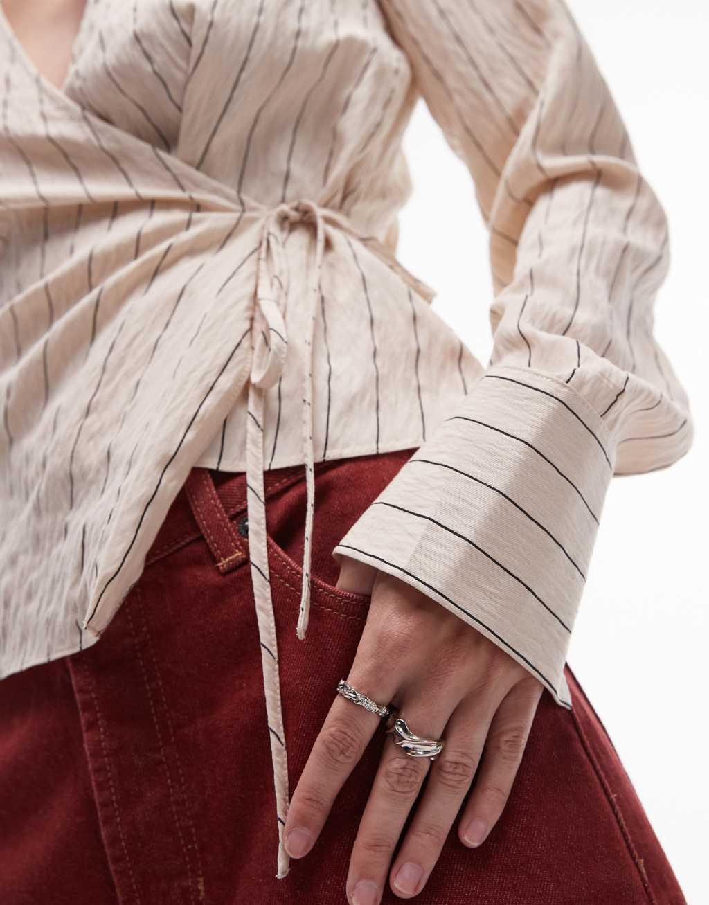 Topshop step hem wrap top in natural pinstripe Product Image