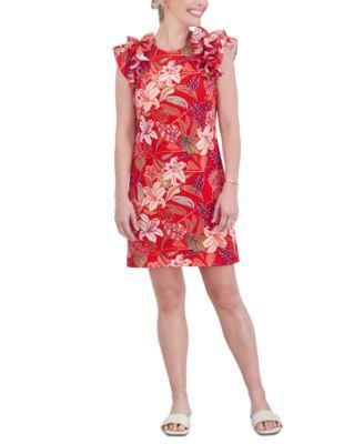 Petite Printed Jewel-Neck Ruffle-Sleeve Dress Product Image