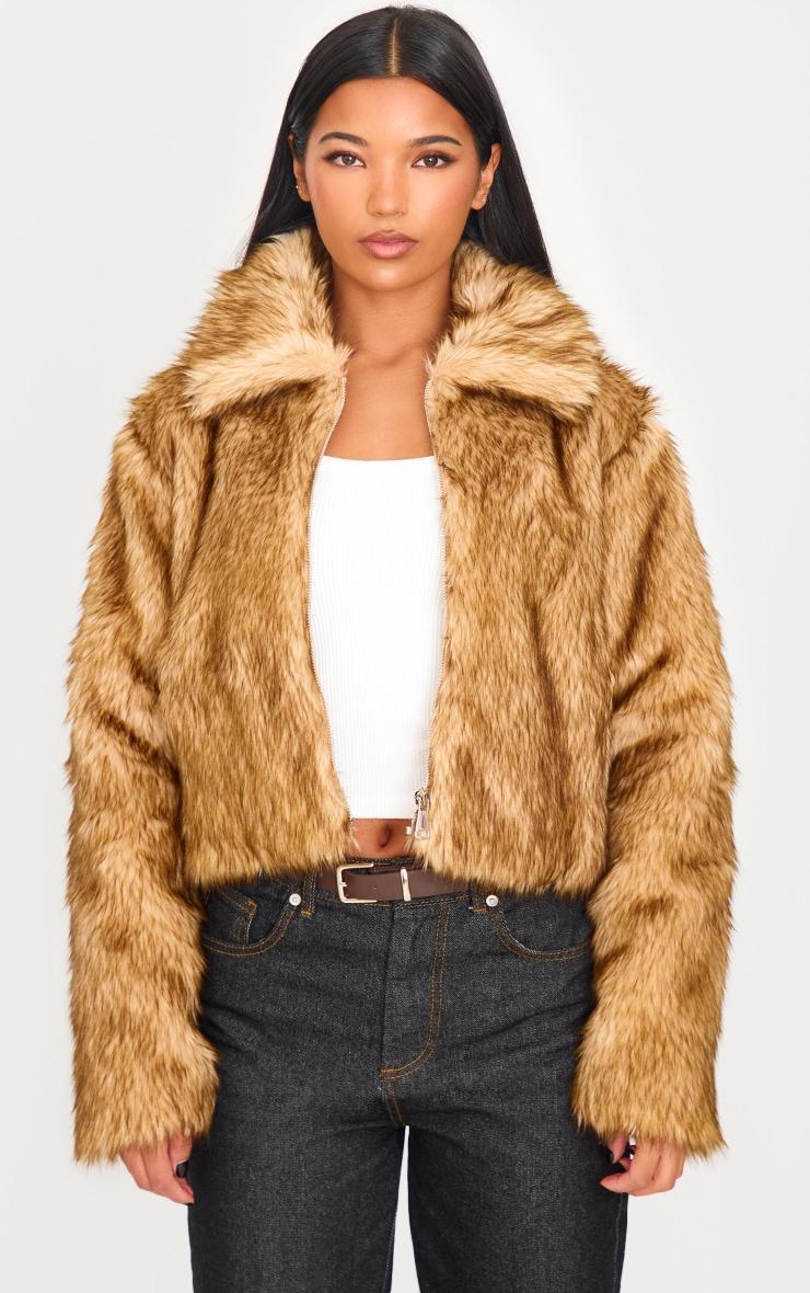 Brown Natural Faux Fur Collar Detail Zip Up Jacket Product Image