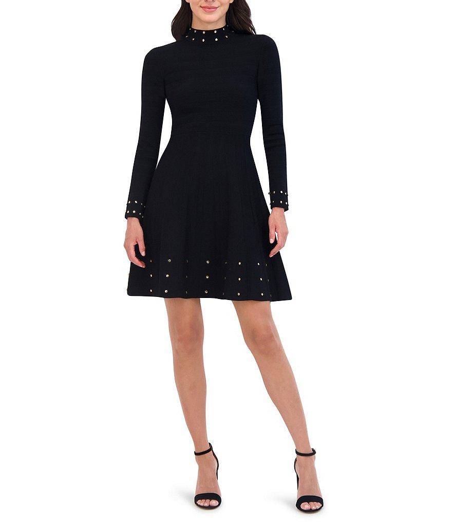 Vince Camuto Long Sleeve Mock Neck Studded Fit And Flare Dress Product Image