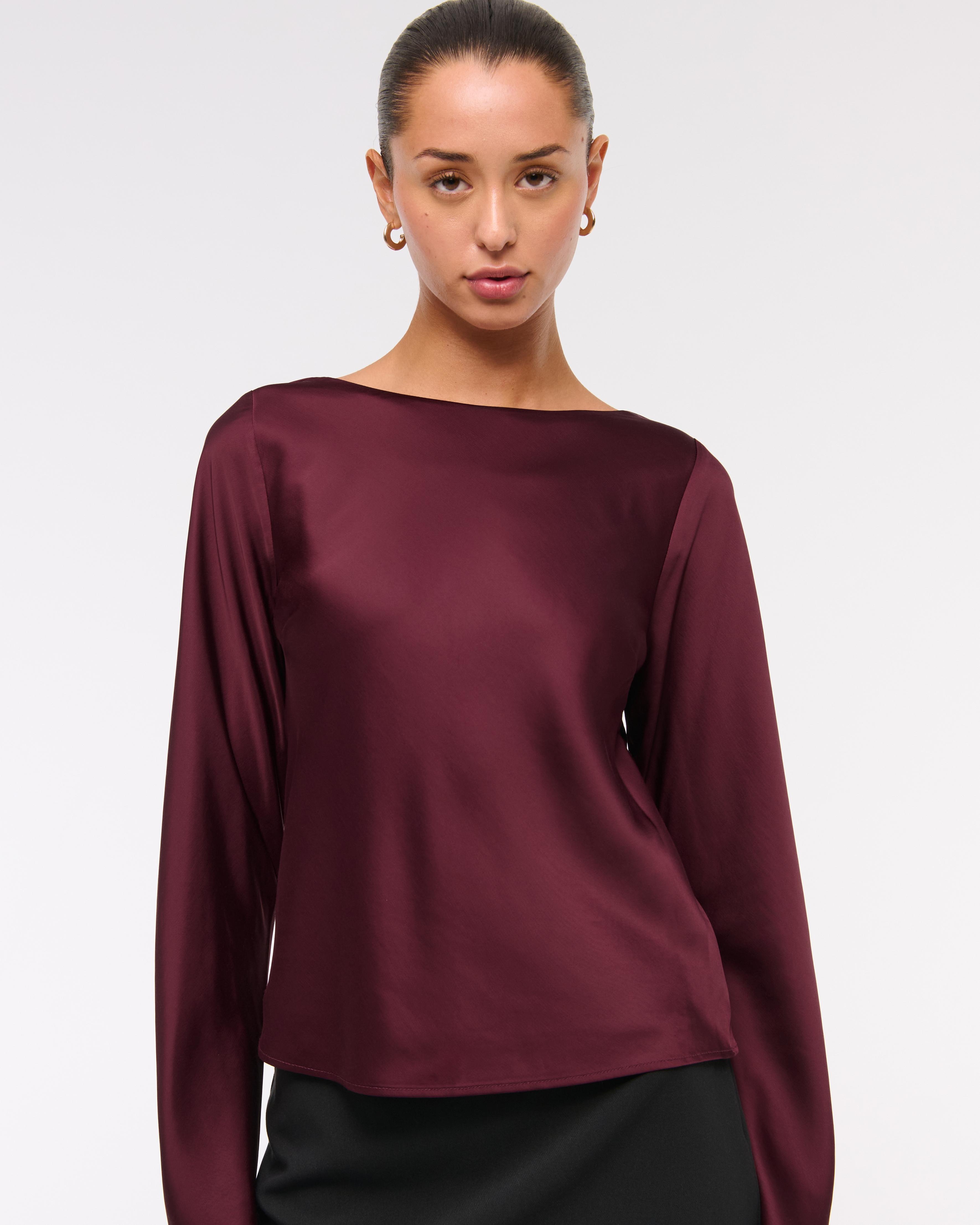 Long-Sleeve Satin Cowl-Back Top Product Image