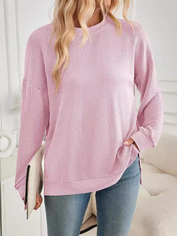 High-Low Long Sleeves Pleated Solid Color Split-Joint Split-Side Round-Neck Sweatershirt Product Image