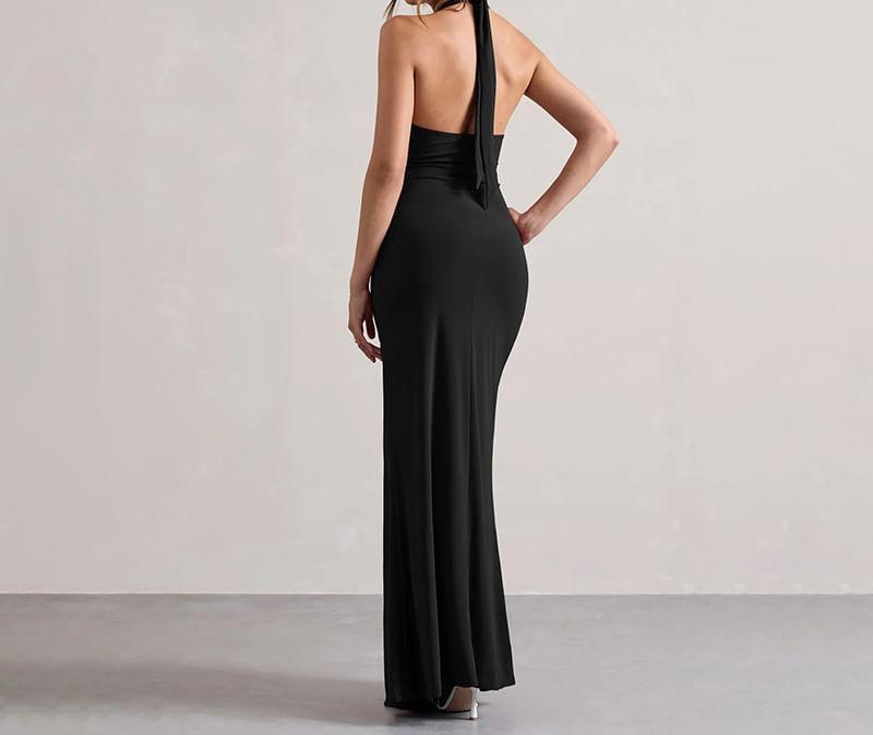 Halter Plain Ruched Maxi Sheath Dress Product Image