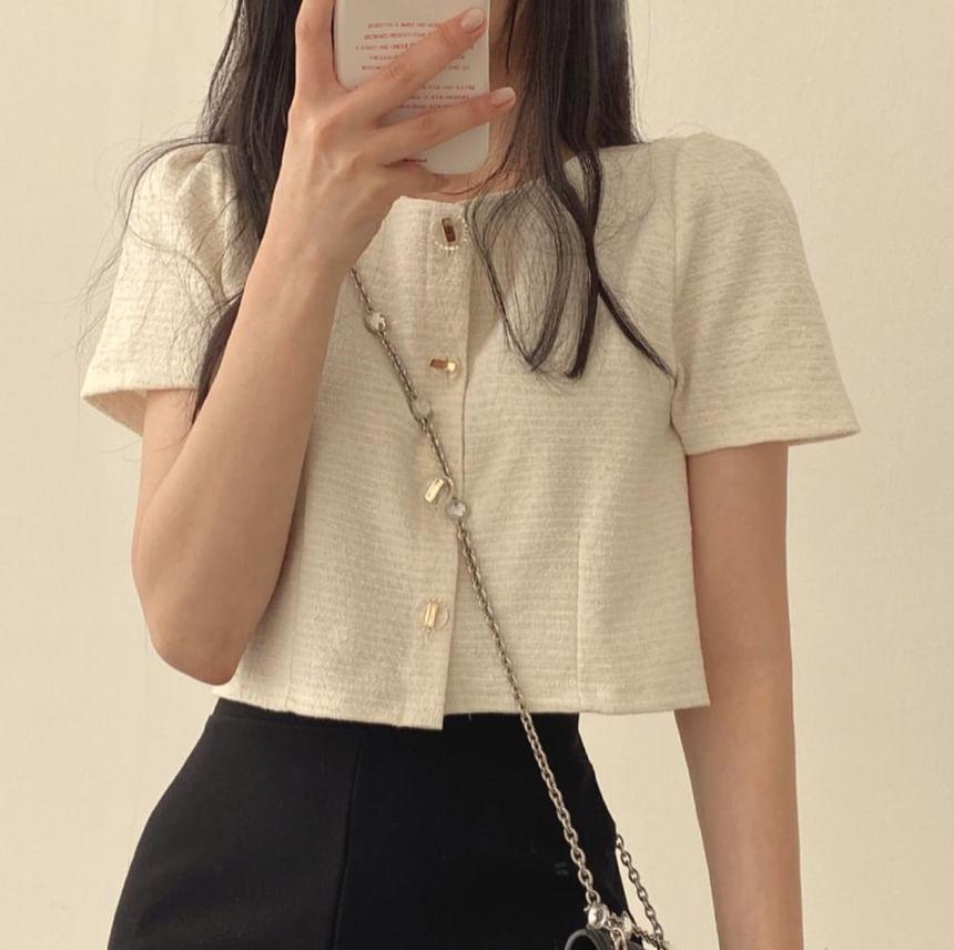 Short-Sleeve Round Neck Plain Blouse Product Image