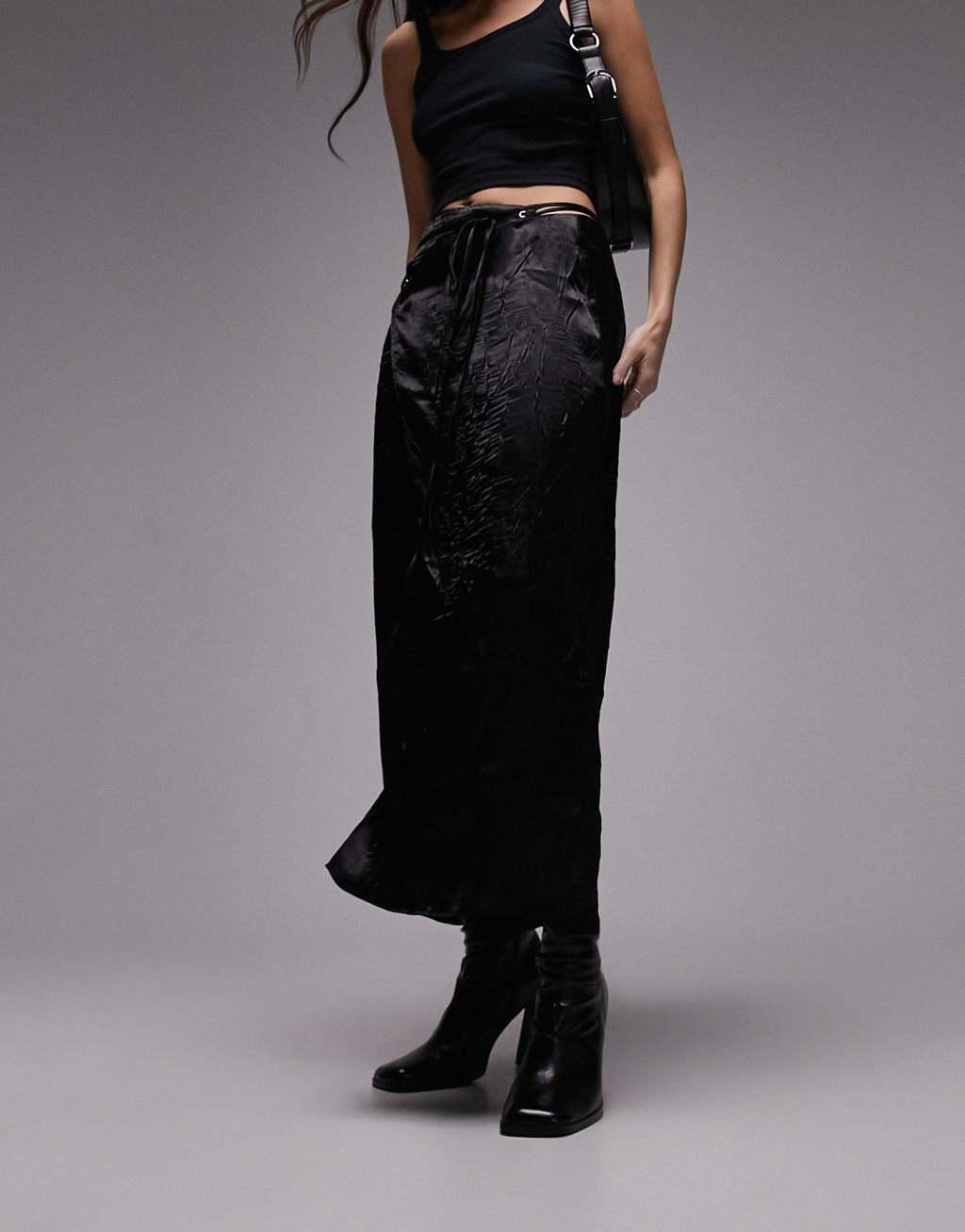 Topshop crinkle wrap midi skirt in black  Product Image