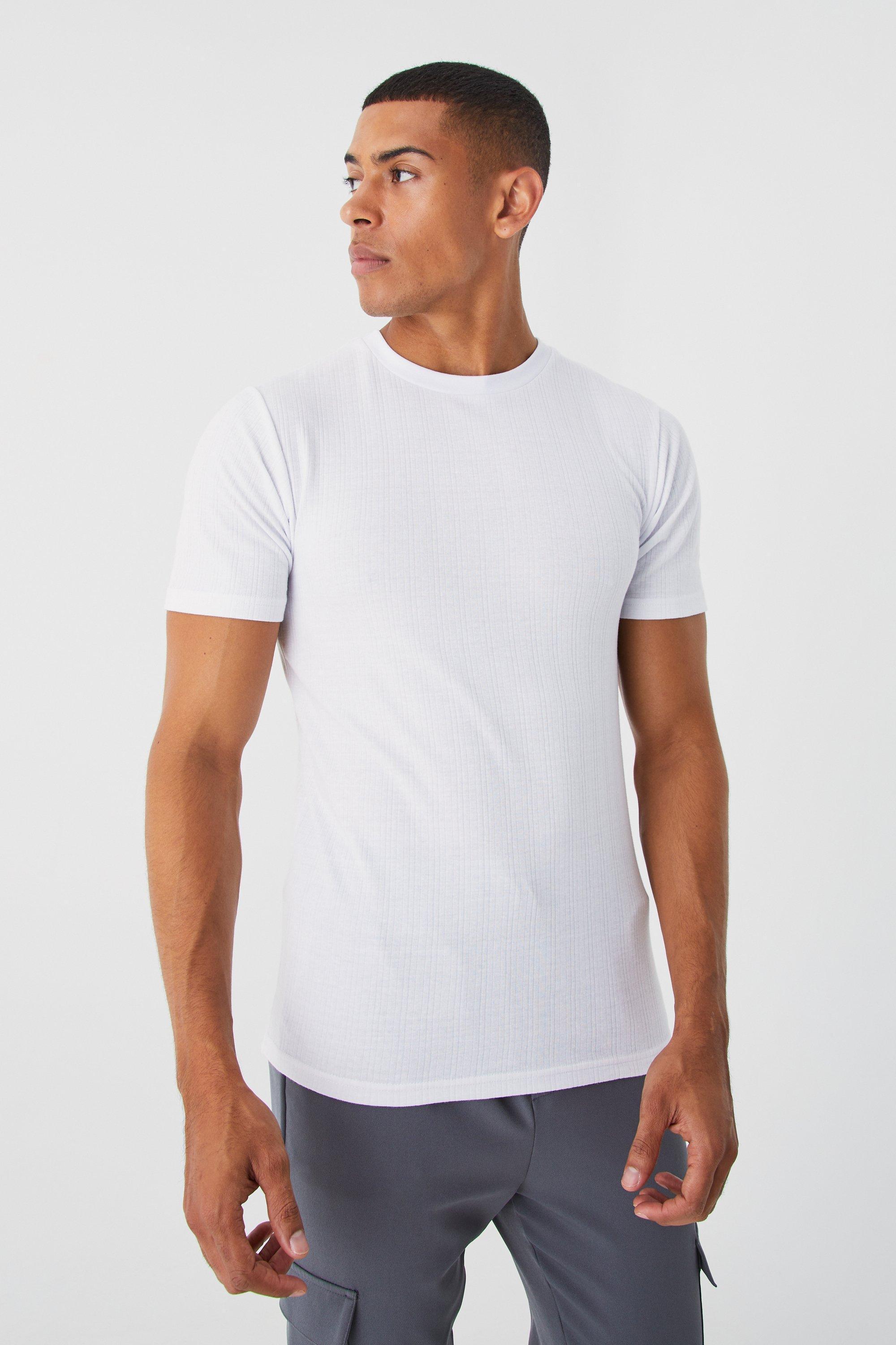 Mens White Muscle Fit Ribbed T-shirt, White Product Image