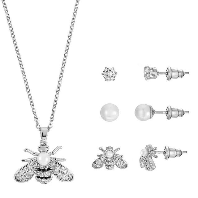 Silver Tone Cubic Zirconia & Simulated Pearl Bumblebee Pendant Necklace & Stud Earrings Trio Set, Womens, Size: 16+3, Silver Tone Clear Product Image