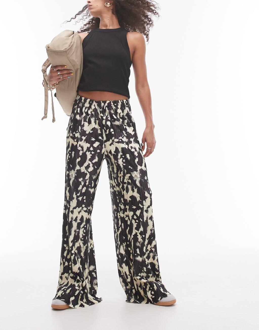 Topshop plisse wide leg pants in blurred animal print Product Image