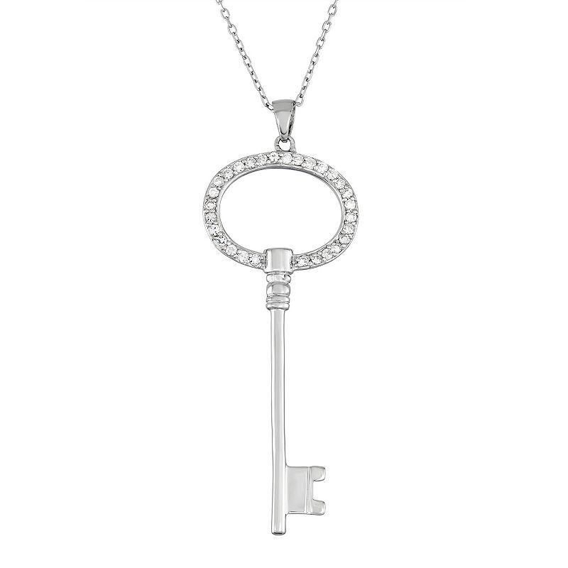 Sterling Silver Cubic Zirconia Key Pendant Necklace, Womens White Product Image