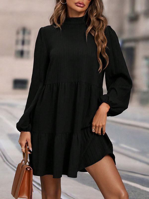 A-Line Long Sleeves Hollow Pleated Solid Color Split-Joint Mock Neck Mini Dresses Product Image