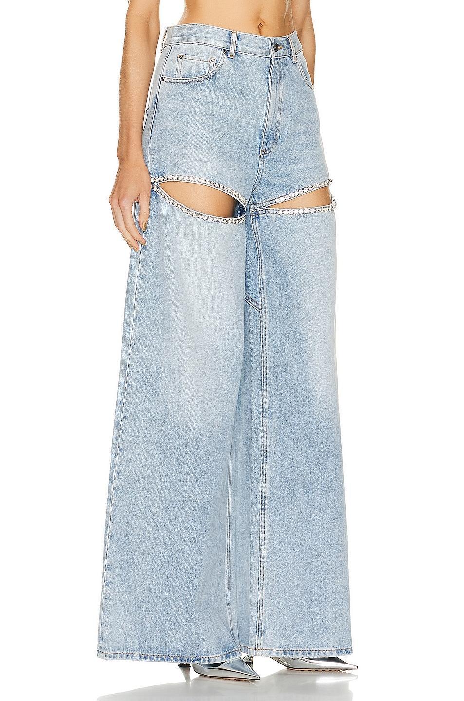 AREA Wide Leg Crystal Slit Pant in Blue Product Image