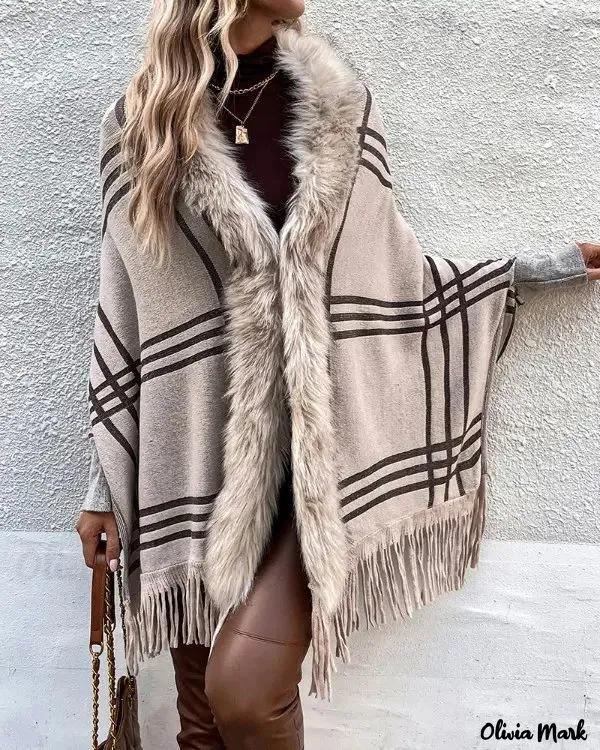 Olivia Mark – Cape coat with checked tassels and fluffy details Product Image